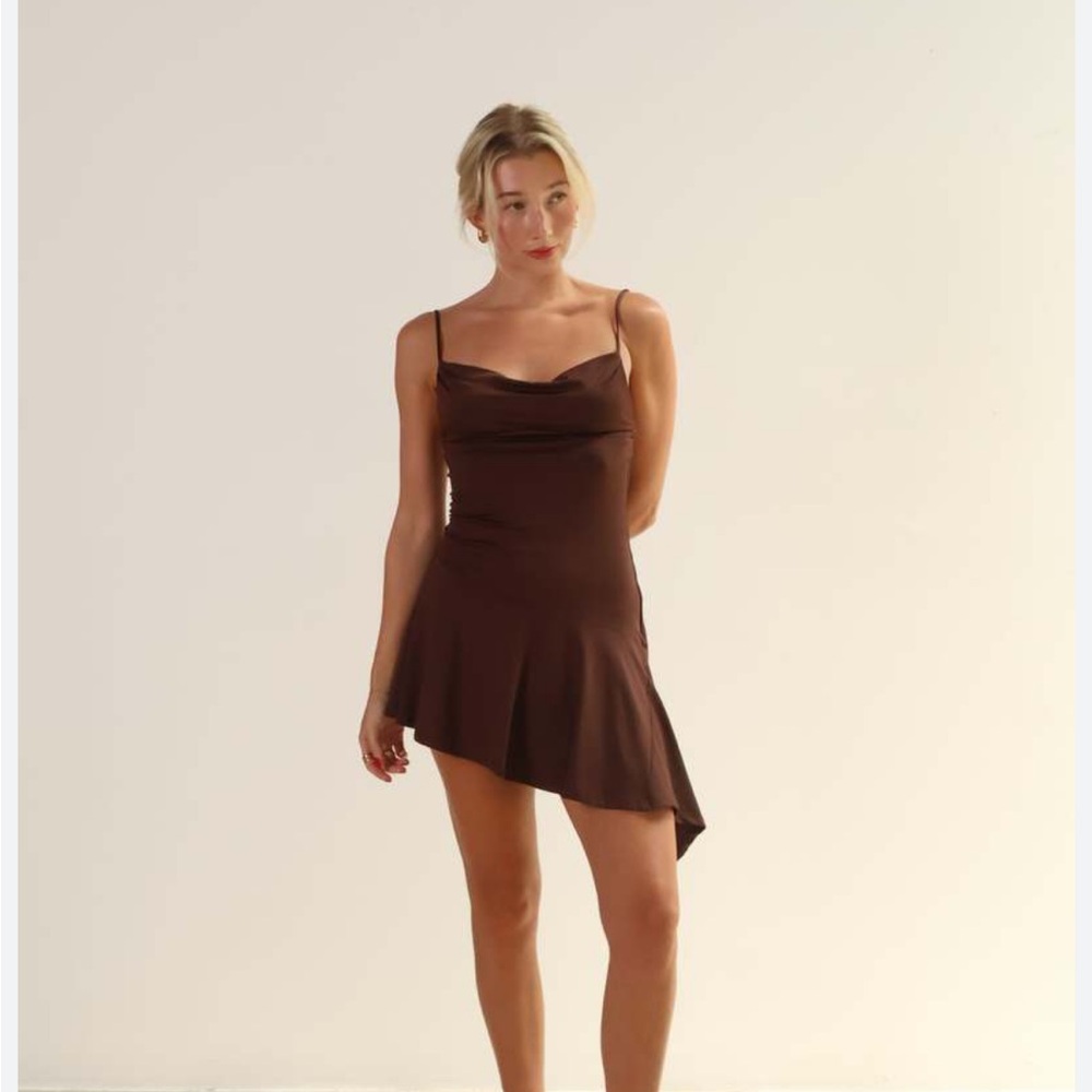 NIA Espresso Asymmetrical Cowl Neck Mini Dress